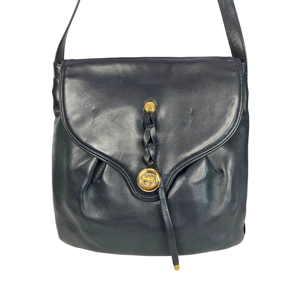 Gucci Vintage Navy Leather Shoulder Bag Italy Gold Tone GG Hardware - Picture 3 of 14